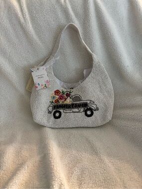 White Beaded Hobo Bag with Embroidered Floral Truck